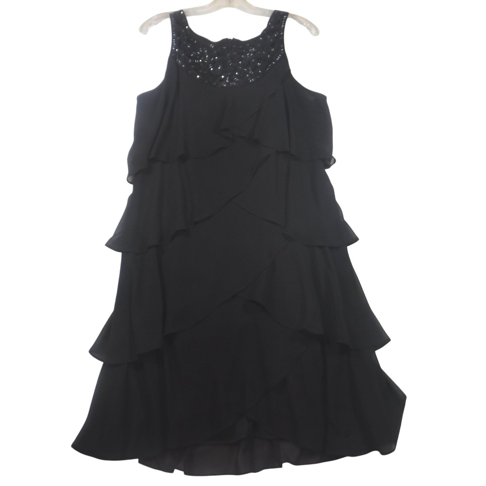 S.L. Fashions Black Tiered Ruffle Cocktail Dress Embellished Neckline Size 14